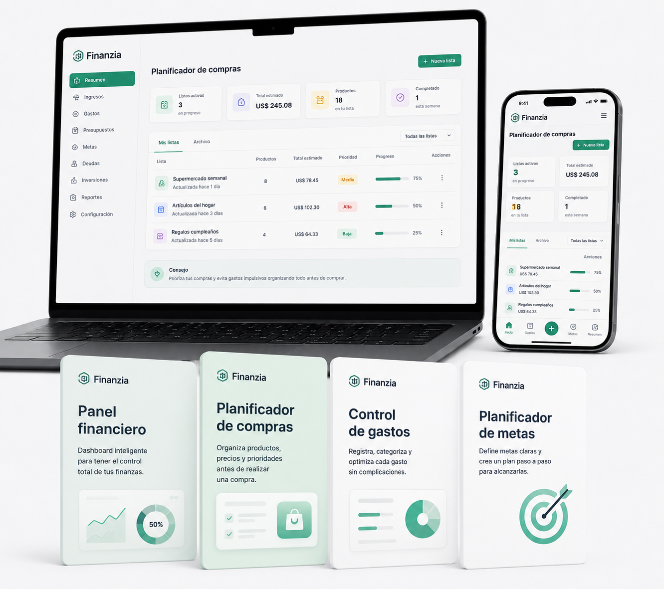 Mockup del kit completo Finanzia con dashboard en laptop, app en celular y tarjetas de beneficios